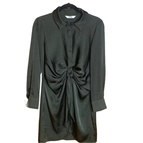 BB Dakota Tie Waist Long Sleeve Satin Shirt Dress mini green collar M BB Dakota Tie Waist Long Sleeve Satin Shirt Dress mini green collar M